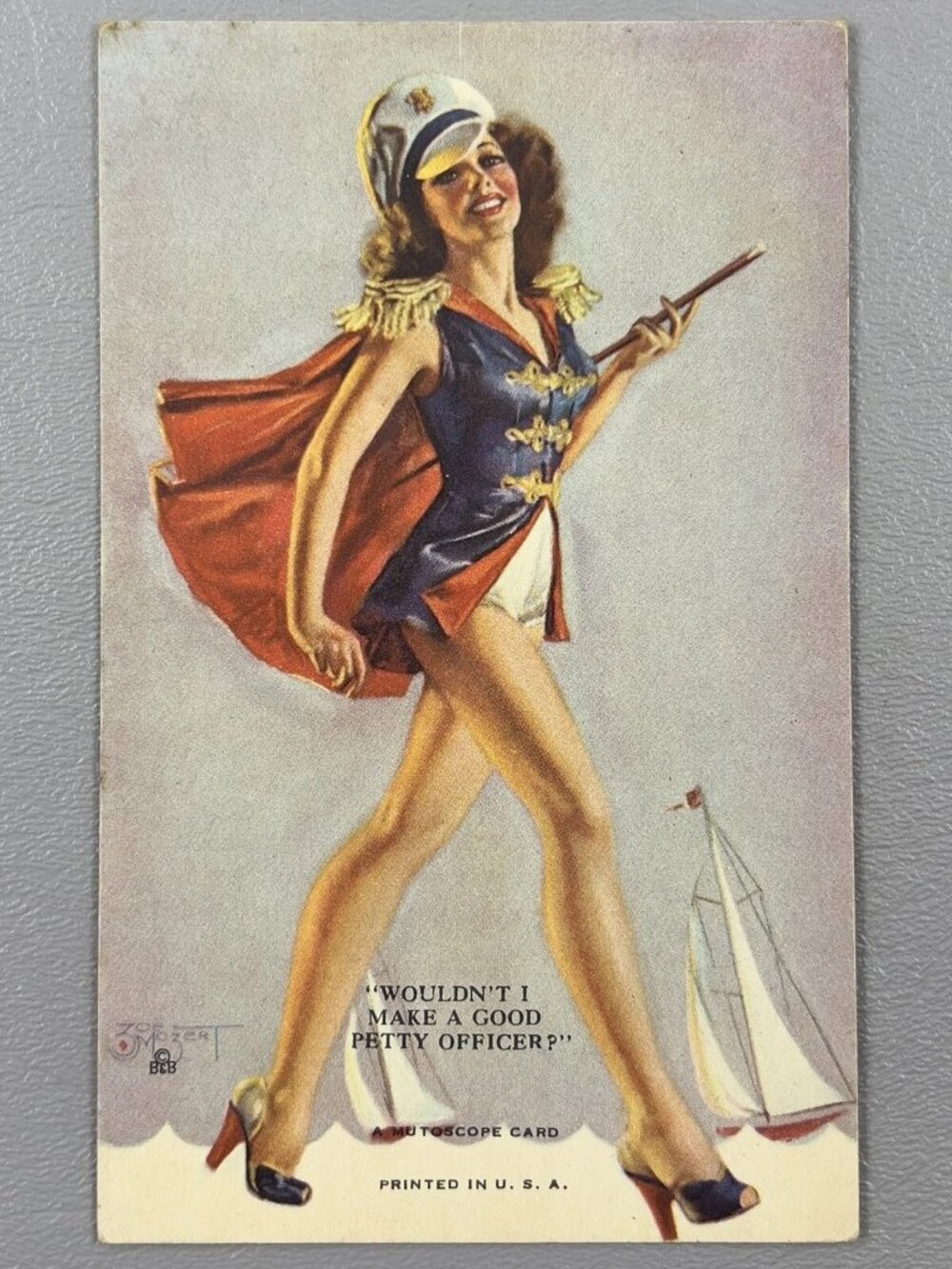 Vintage Zoe Mozert Risque Pin Up Mutoscope Card Navy Sailor Girl Brunette